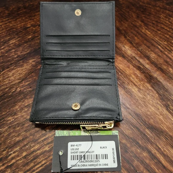 NWT Badgley Mischka Quilted Black Mini Wallet with Gold Logo - Picture 4 of 6